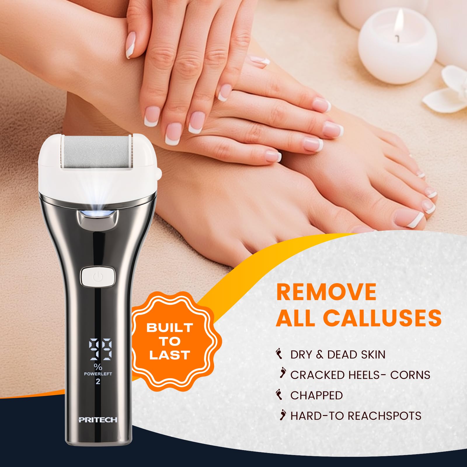 PRITECH foot callus remover with three roller heads for targeted dead skin removal.