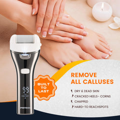 PRITECH foot callus remover with three roller heads for targeted dead skin removal.