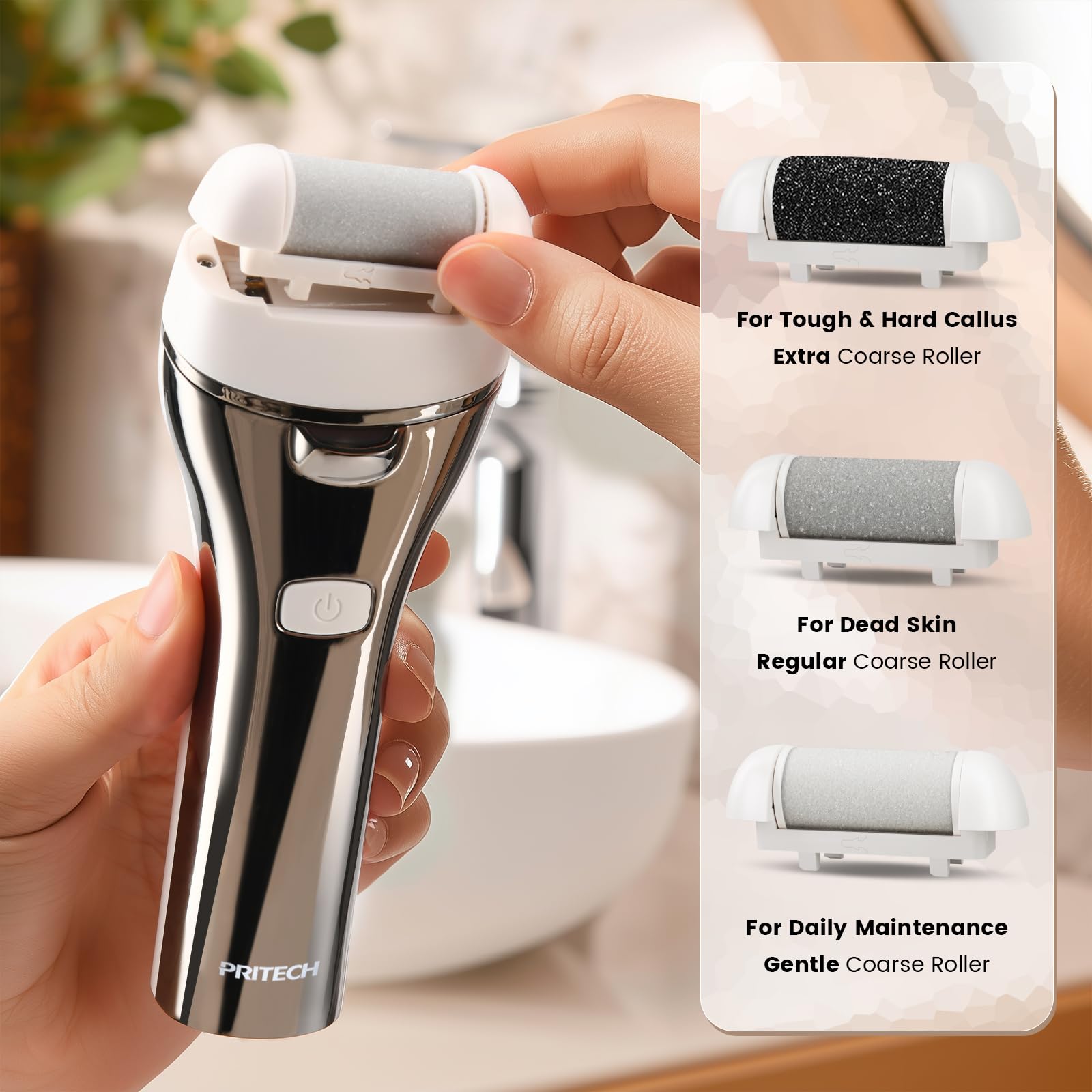 PRITECH waterproof foot file design for easy cleaning after shower sessions.