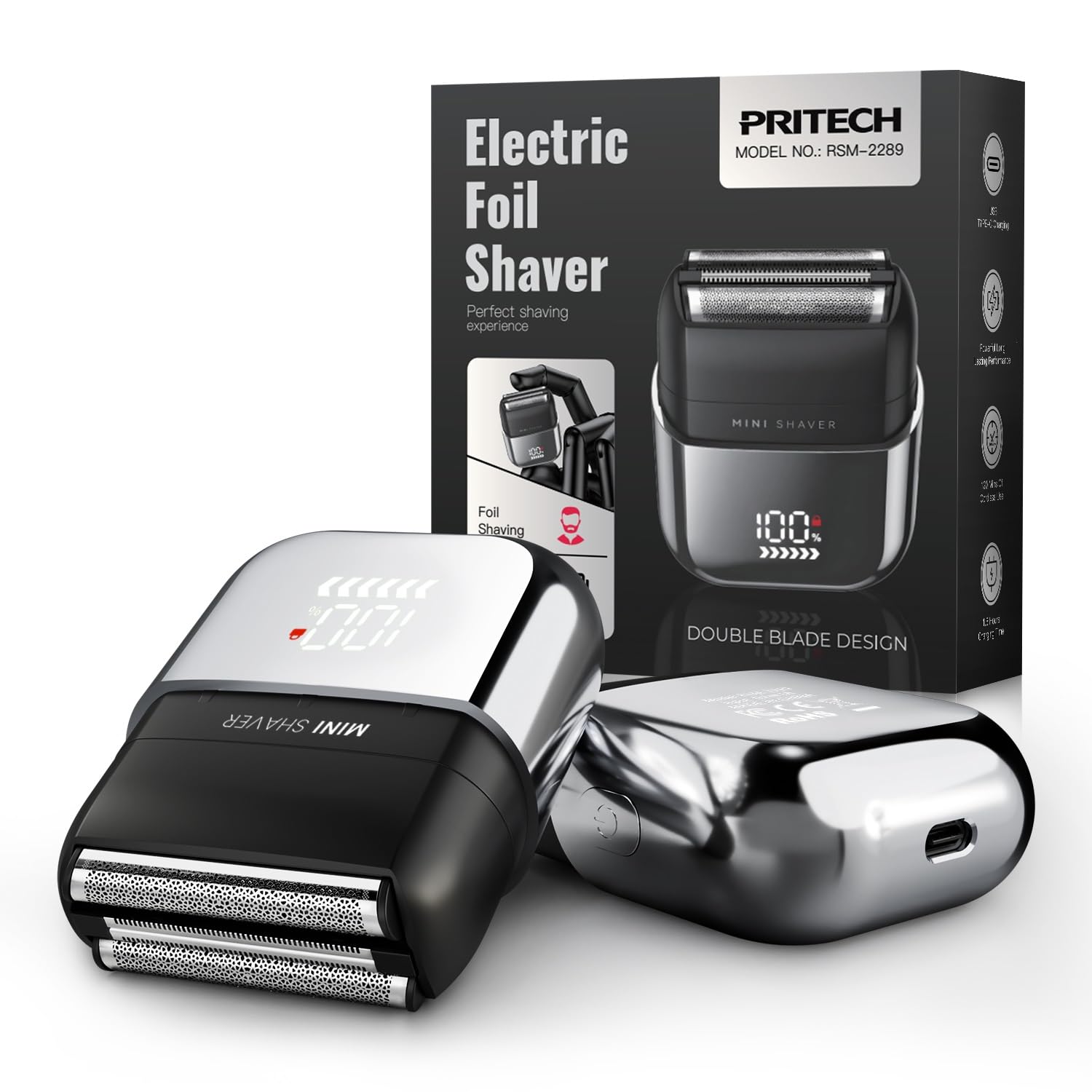 PRITECH electric foil shaver front view showing three blades for a close shave