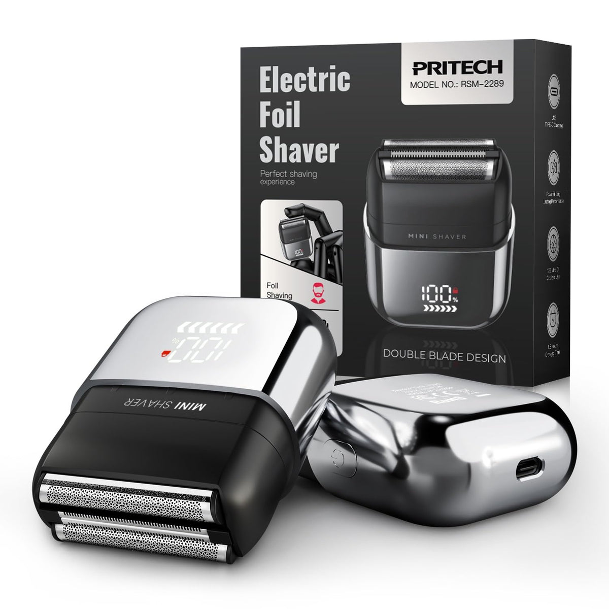 PRITECH electric foil shaver front view showing three blades for a close shave