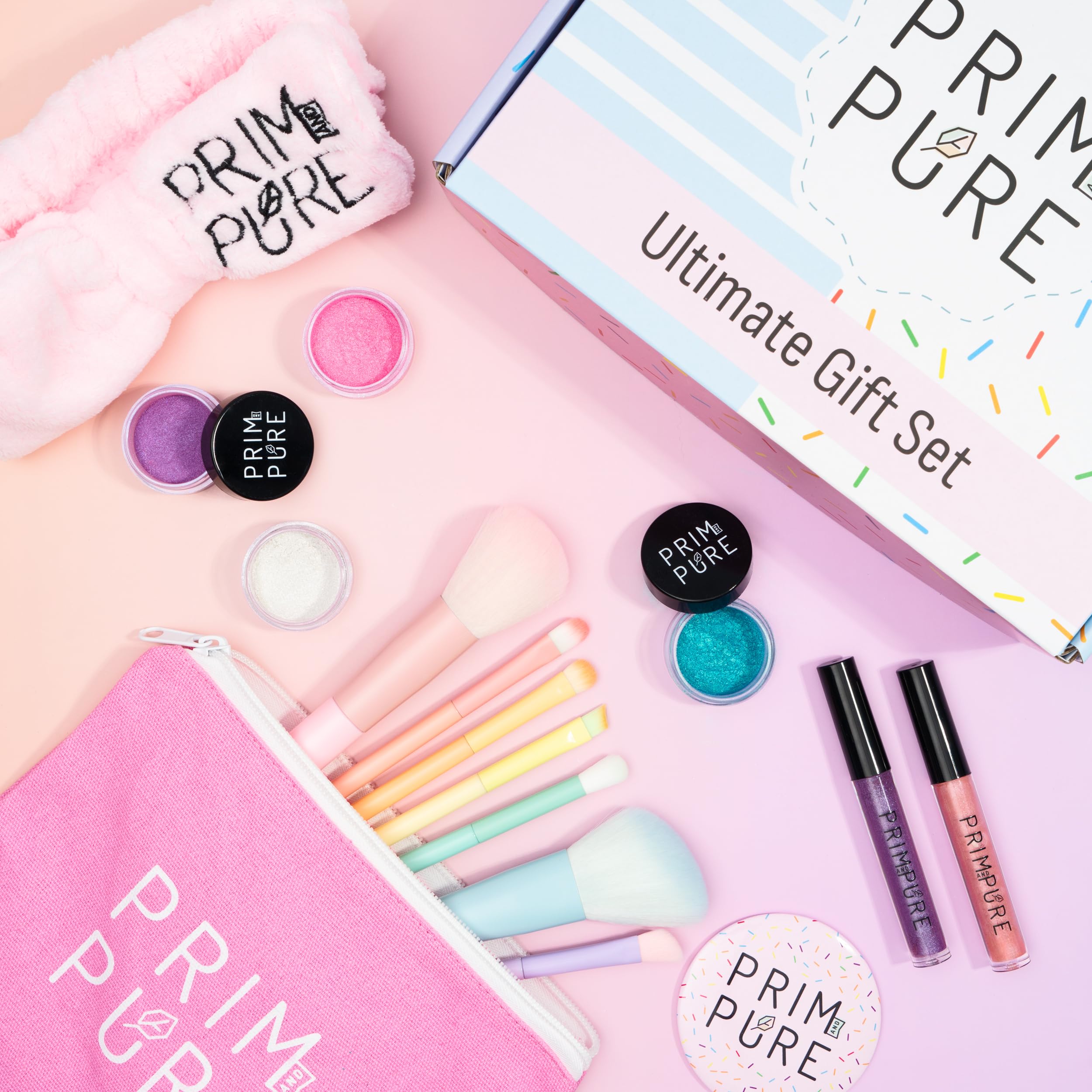 Prim and Pure sparkly lip gloss in the set for shiny kid-friendly smiles.