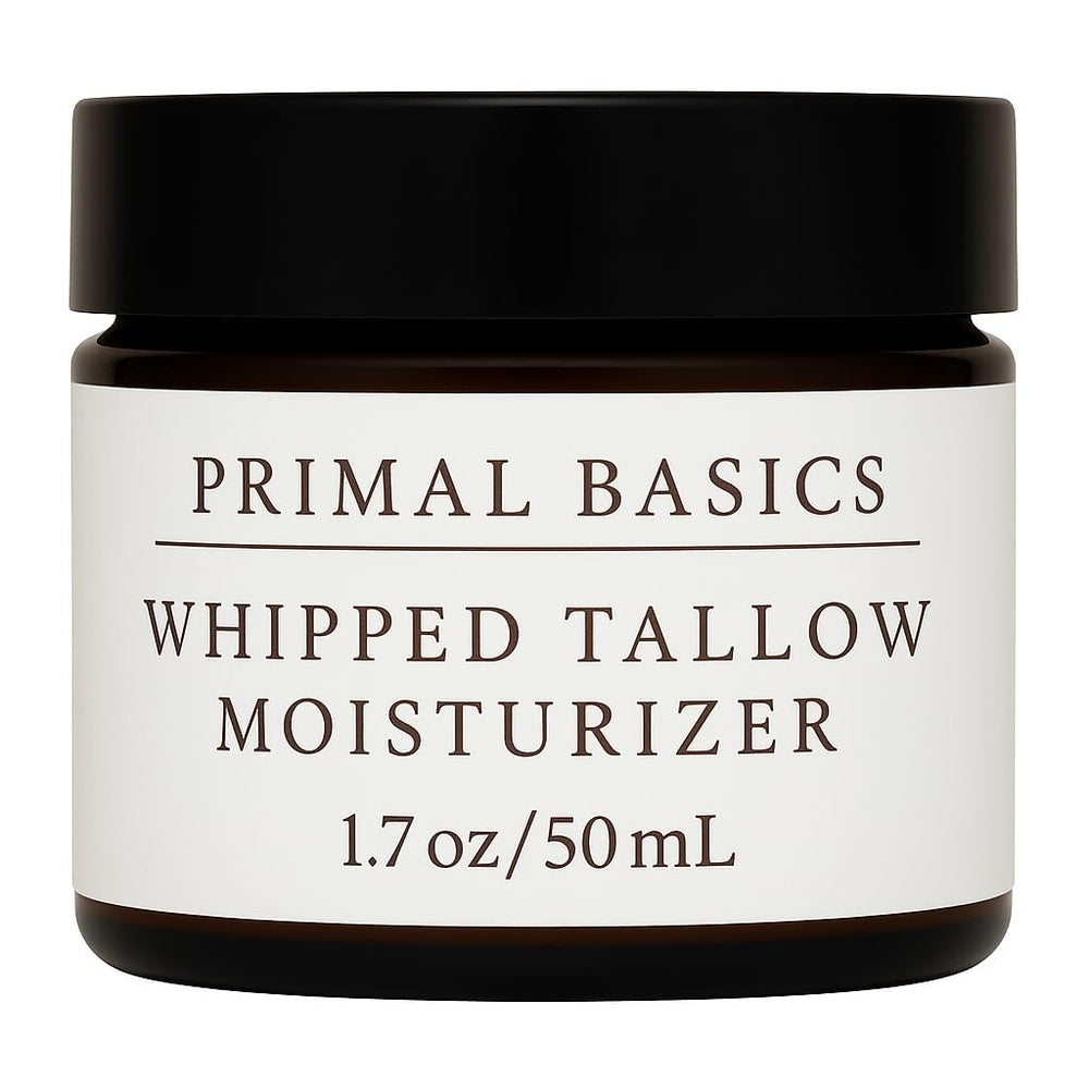 Primal Basics beef-tallow-vanilla-jar close-up shows rich hydration.