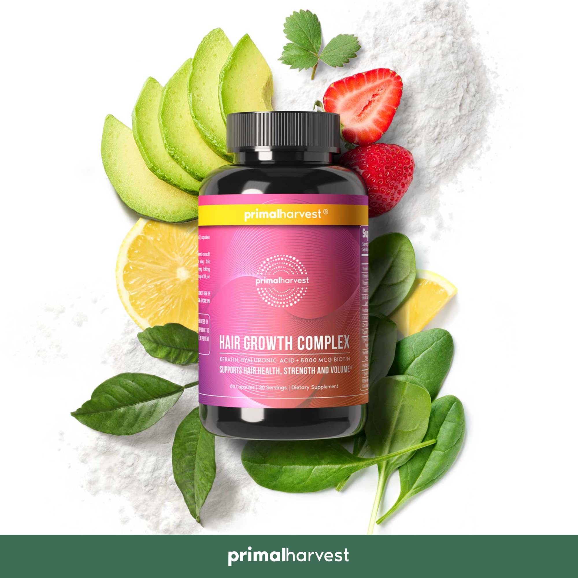 Primal Harvest Hair Growth Pills bottle with nutrition facts for informed daily use.
