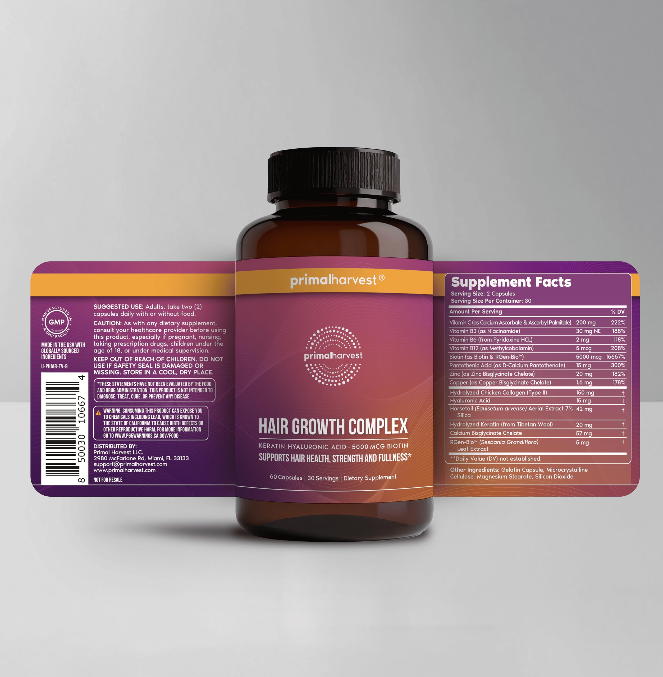 Primal Harvest Hair Growth Pills tablet close-up showing glossy capsules for nourishment.