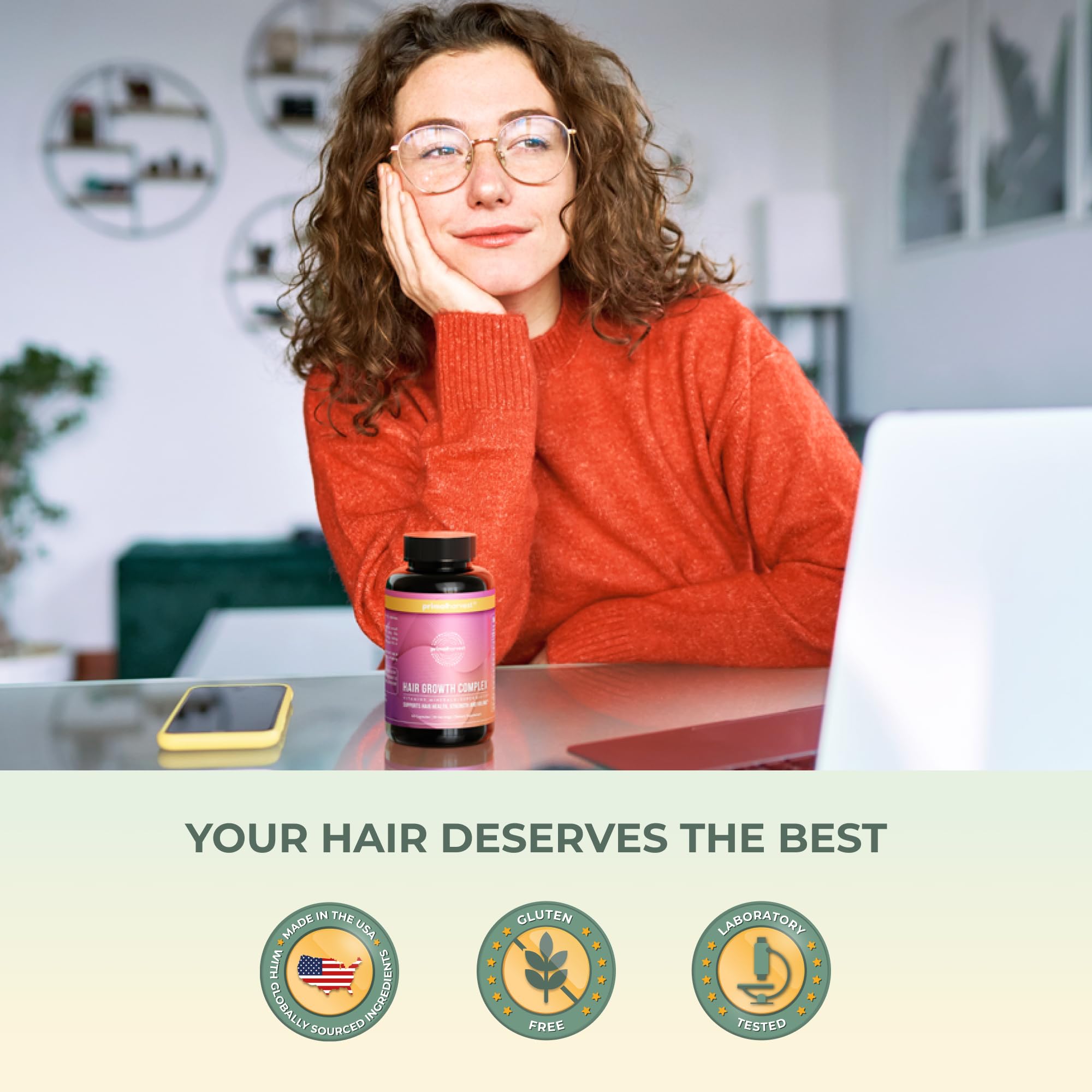 Primal Harvest Hair Growth Pills packaging notes USA-made quality assurance.