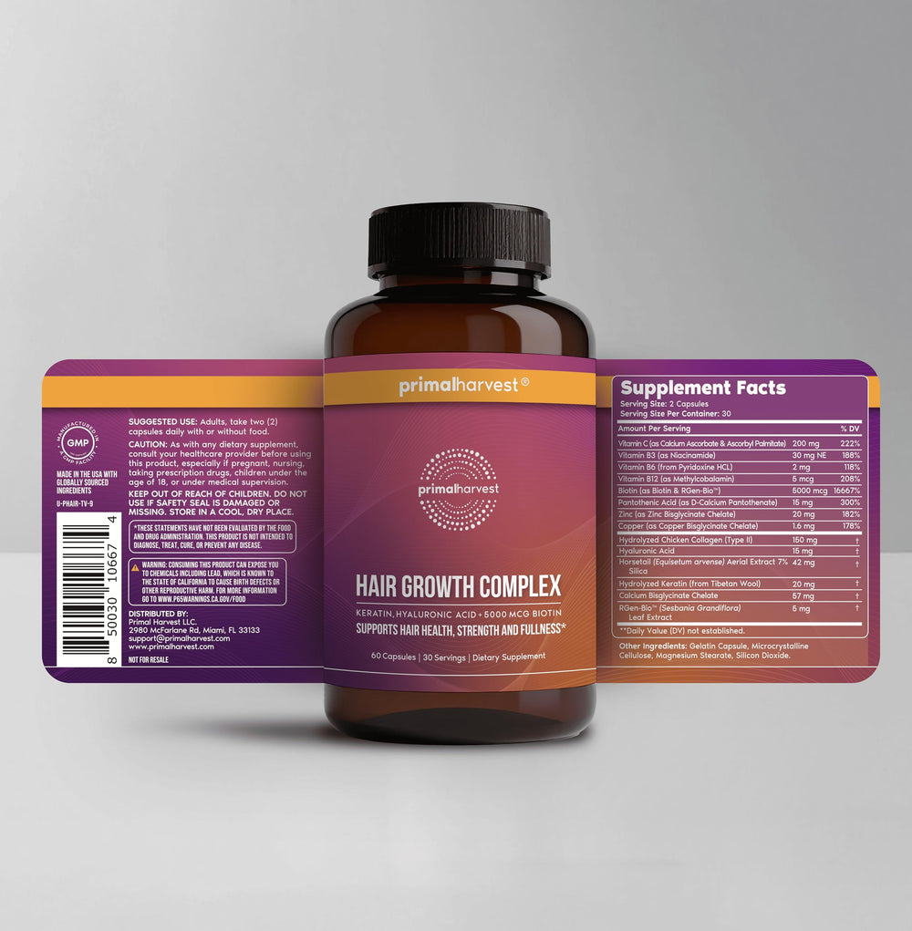 Primal Harvest vitamins bottle-pour captures easy daily supplement routine for hair care.