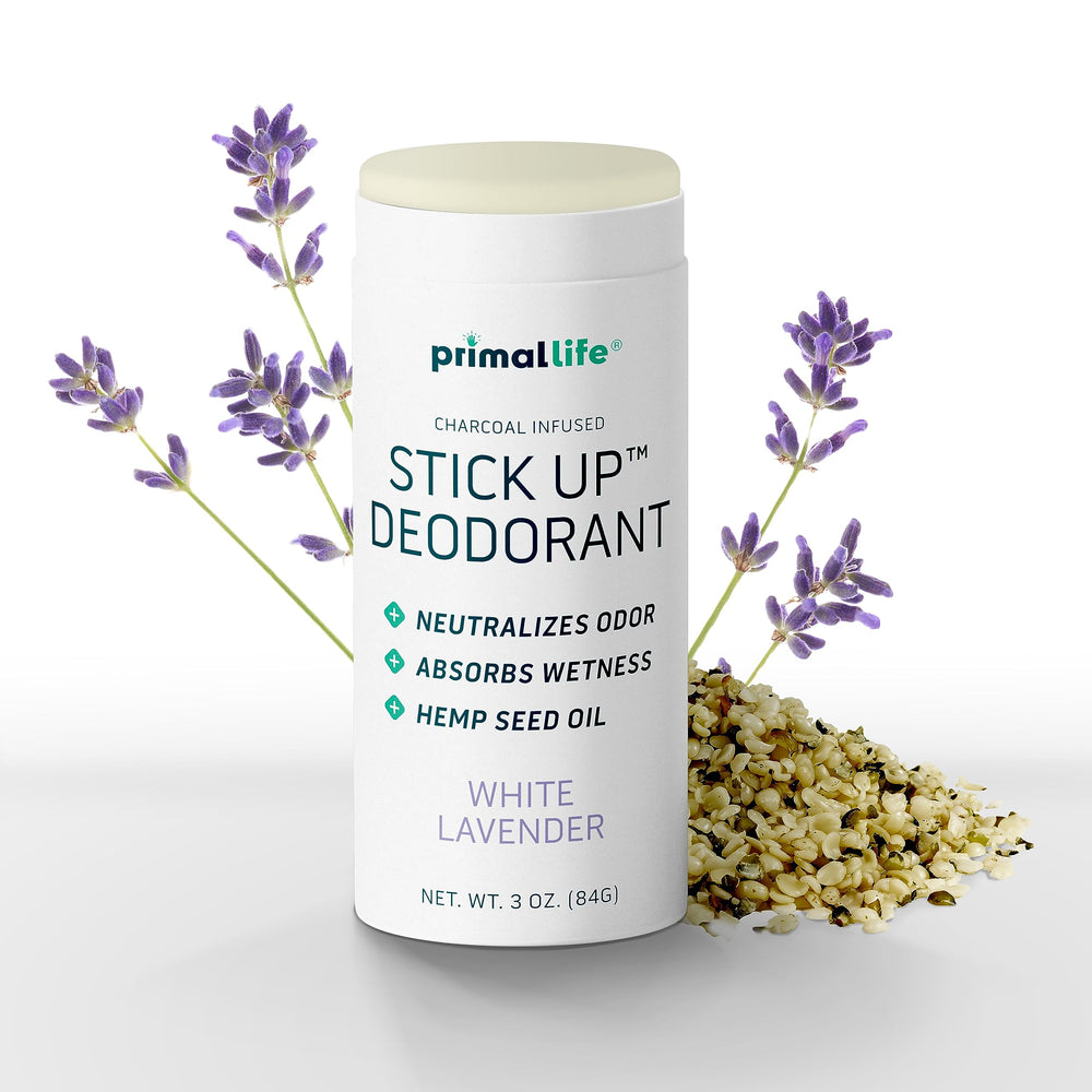 Primal Life Organics Stick Up vegan deodorant label ready for daily wear on the go.