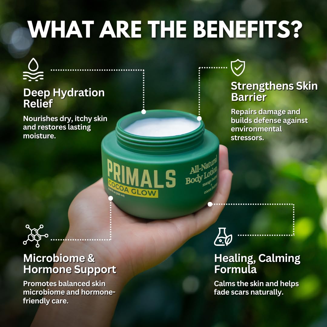 PRIMALS Cocoa Butter jar highlights rich moisturization for dry skin