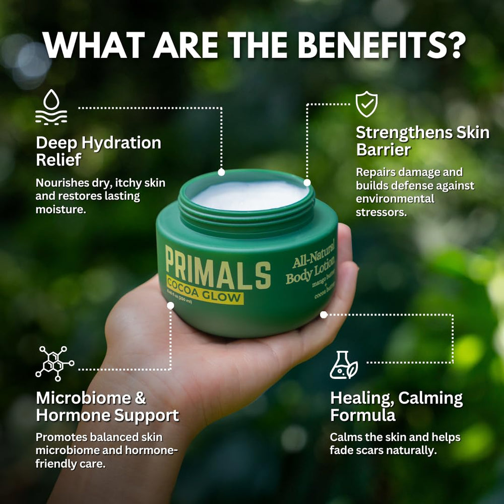 PRIMALS Cocoa Butter jar highlights rich moisturization for dry skin