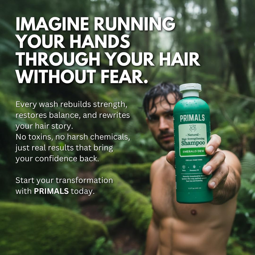 PRIMALS hair-strengthening shampoo on shelf illustrating natural toxin-free care