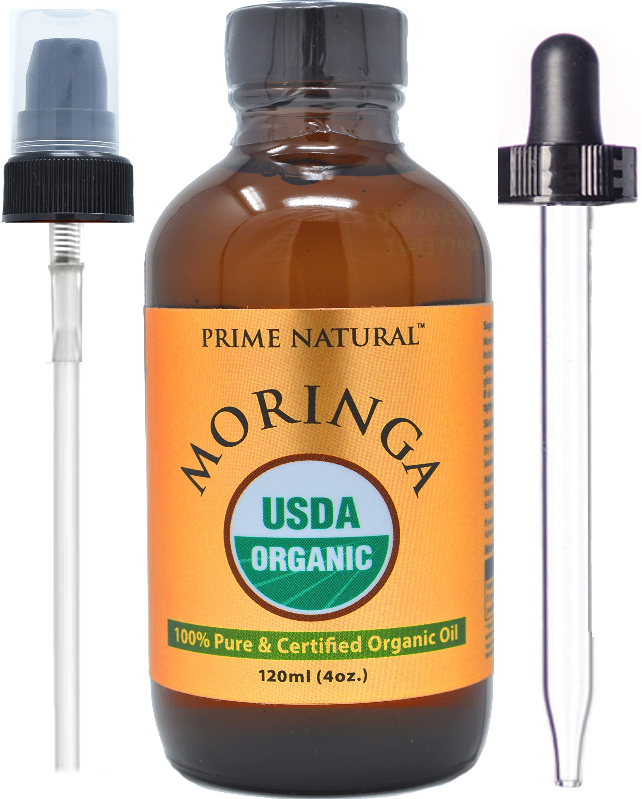 Prime Natural Moringa Oil bottle pour shows a lightweight, hydrating skincare moment.