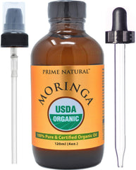 Prime Natural Moringa Oil bottle pour shows a lightweight, hydrating skincare moment.