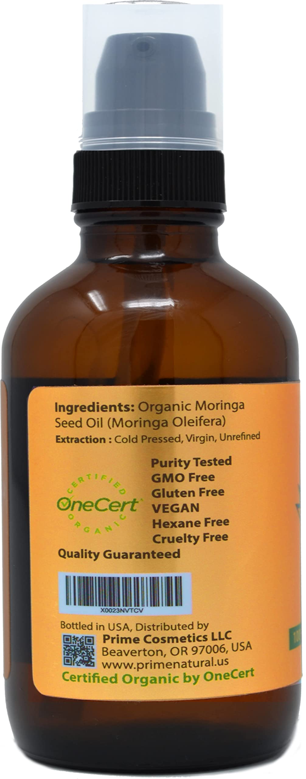 Prime Natural Moringa Oil close-up reveals rich oil ideal for nourishing skin and hair.