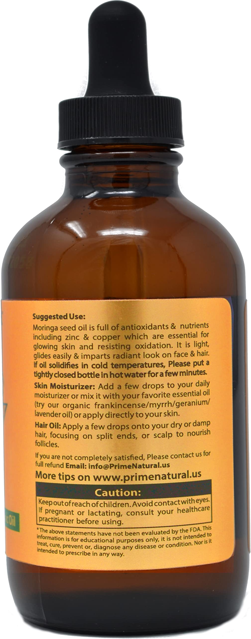 Prime Natural Moringa Oil hair-application suggests conditioning and scalp moisture.