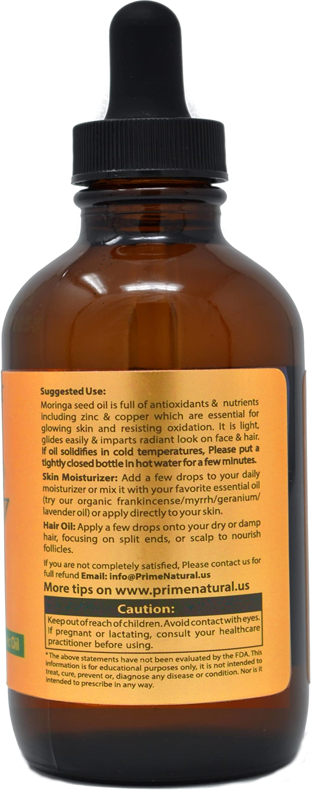 Prime Natural Moringa Oil hair-application suggests conditioning and scalp moisture.