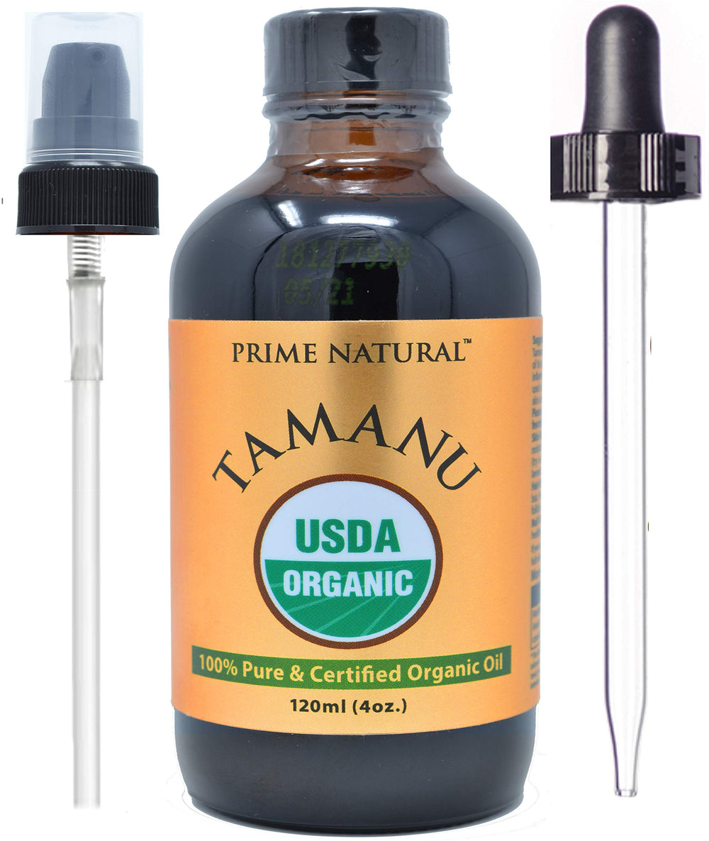 PRIME NATURAL Tamanu oil bottle with pump for easy daily moisture and face care.