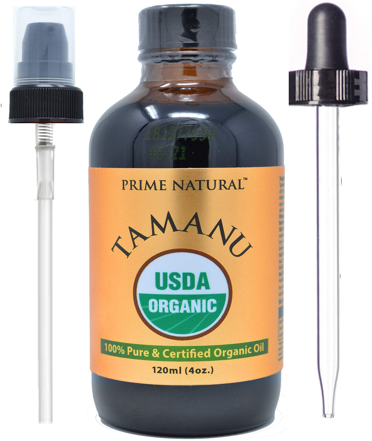 PRIME NATURAL Tamanu oil bottle with pump for easy daily moisture and face care.