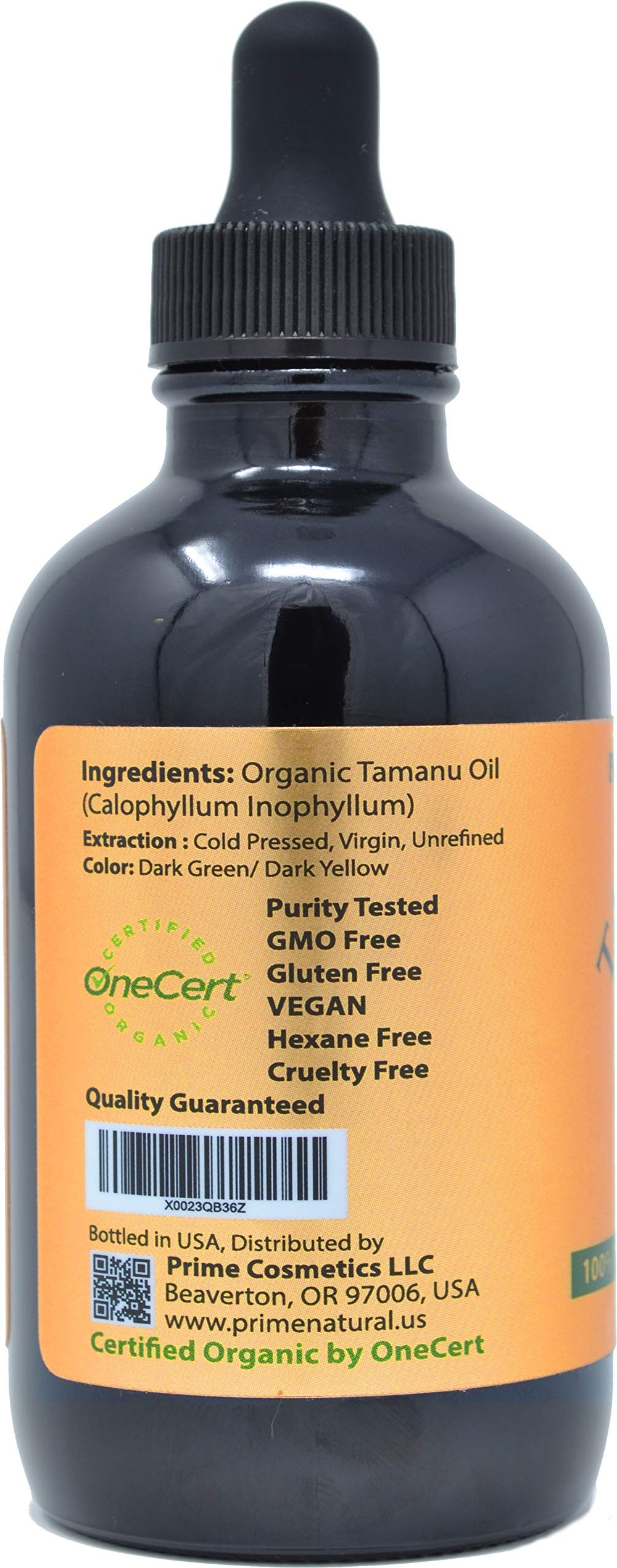 PRIME NATURAL Tamanu oil glass bottle emphasizes premium cold-pressed, unrefined virgin formula.