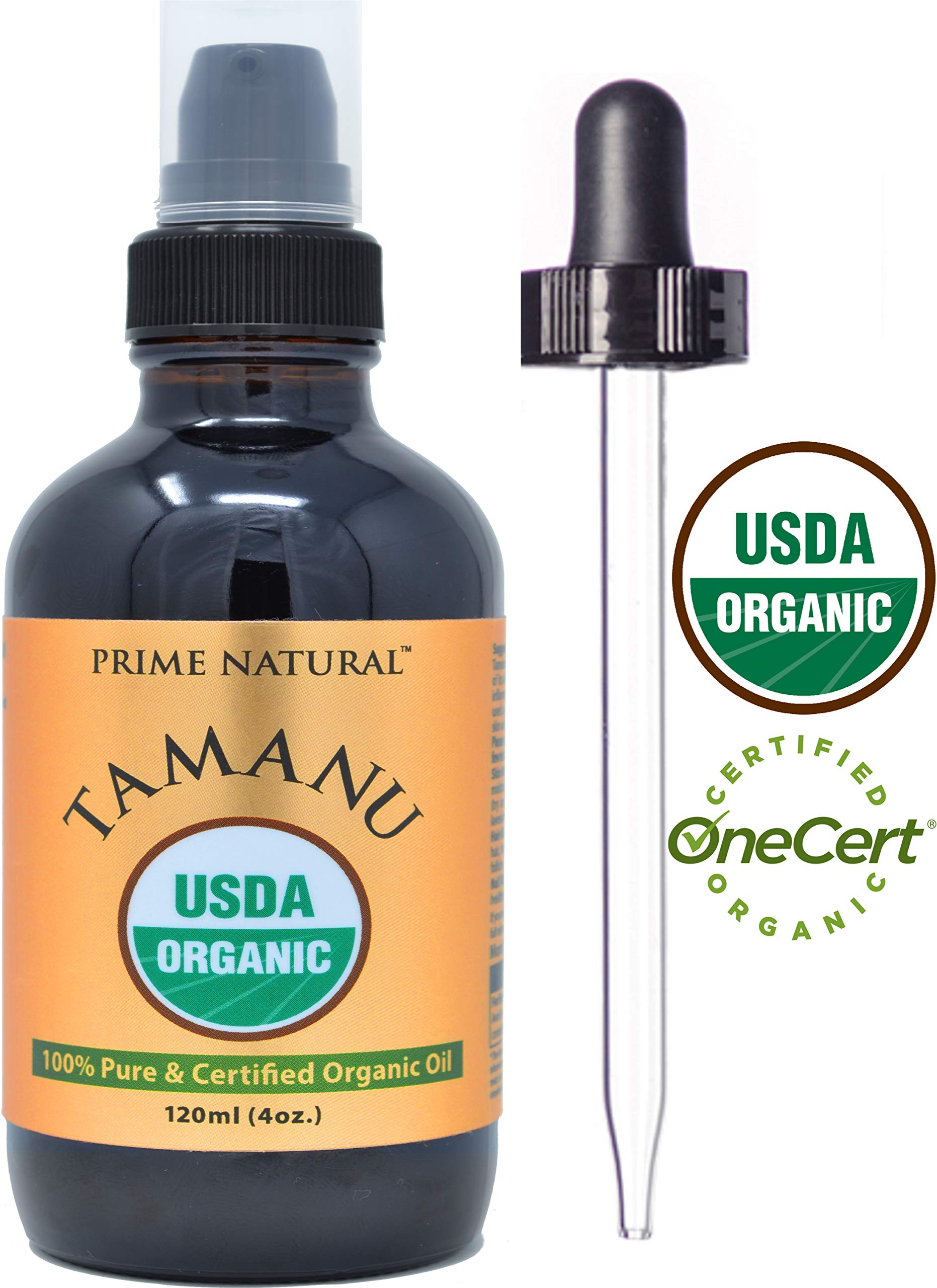 PRIME NATURAL Tamanu oil label close-up highlighting USDA Organic purity and natural ingredients.