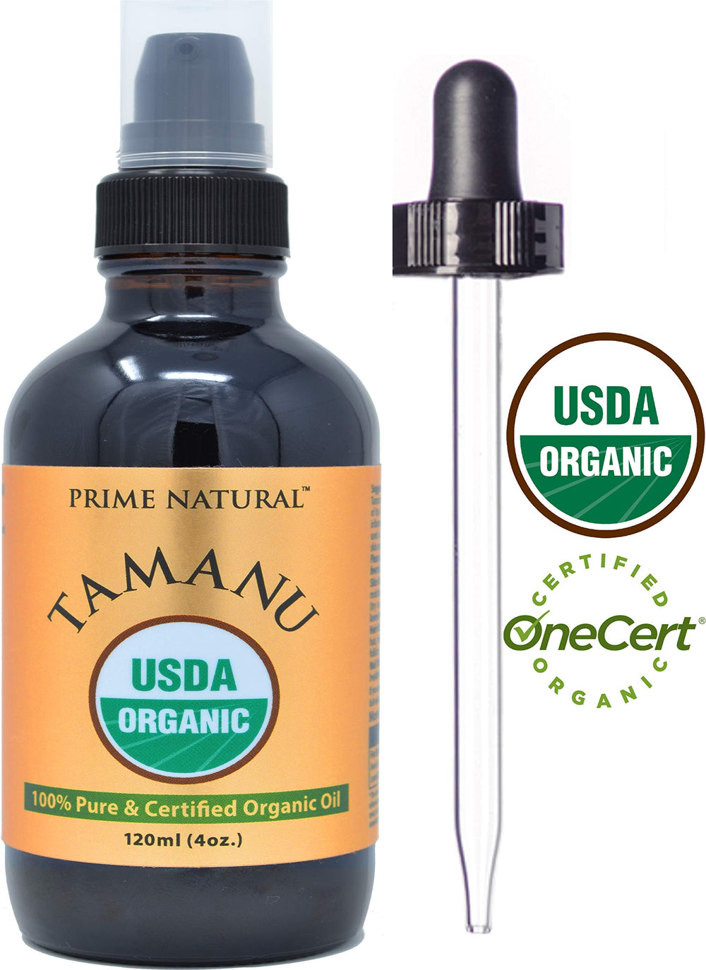 PRIME NATURAL Tamanu oil label close-up highlighting USDA Organic purity and natural ingredients.