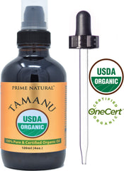 PRIME NATURAL Tamanu oil label close-up highlighting USDA Organic purity and natural ingredients.