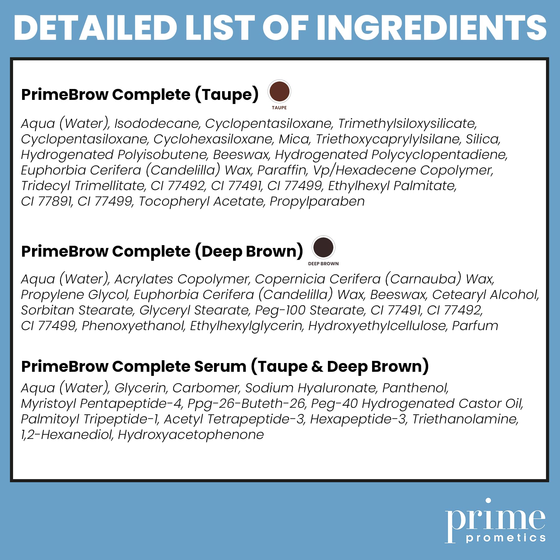 Prime Prometics PrimeBrow Complete taupe swatches illustrate natural color match