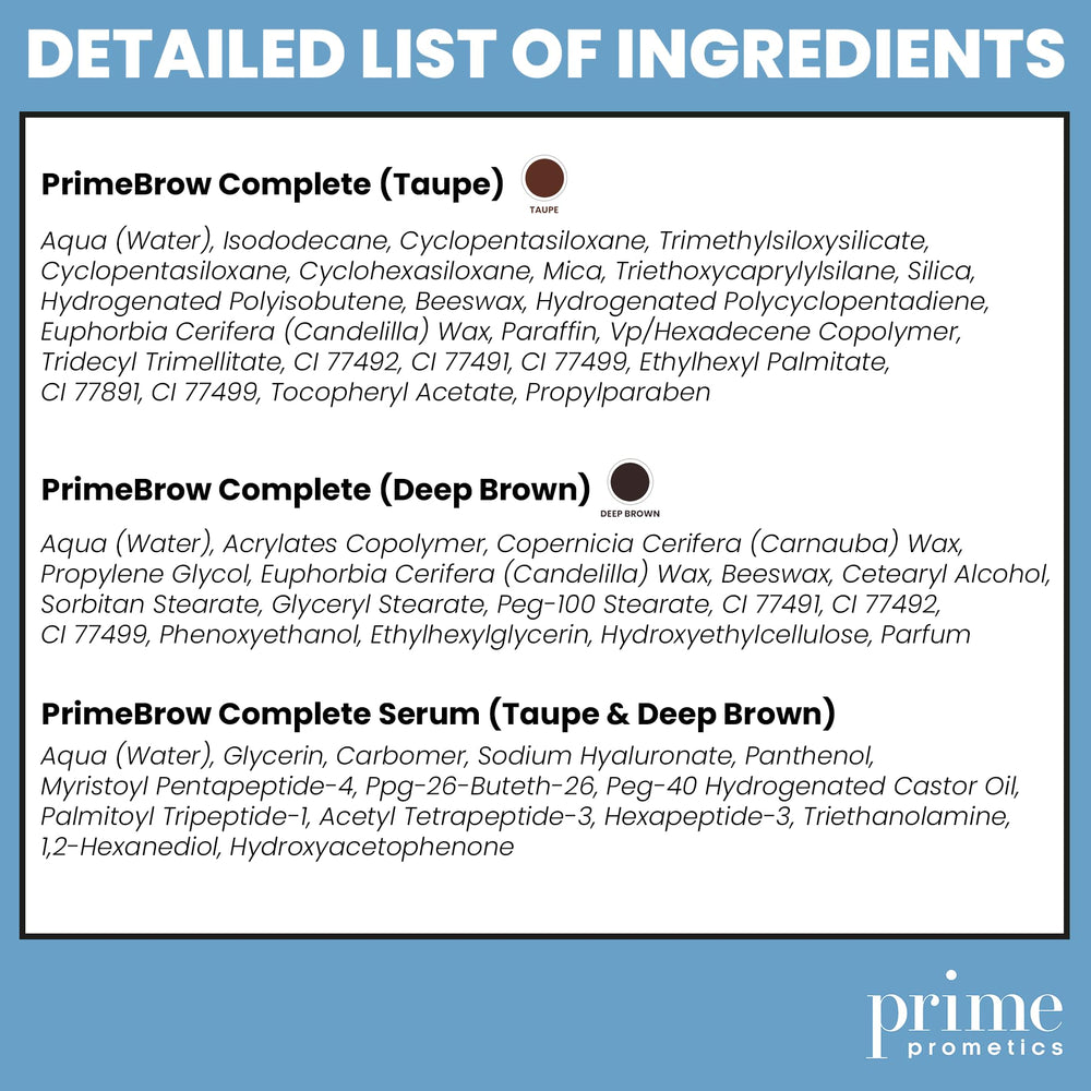 Prime Prometics PrimeBrow Complete taupe swatches illustrate natural color match