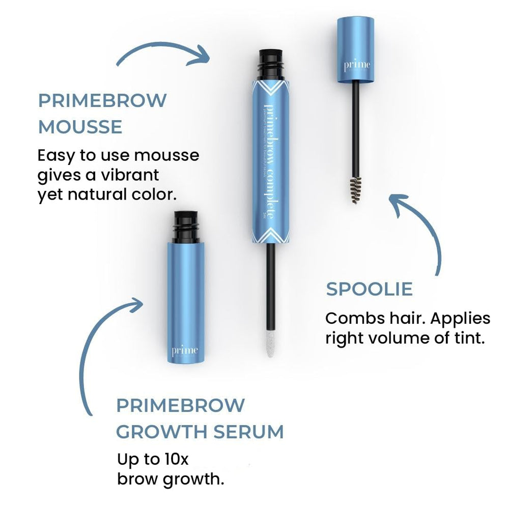 Prime Prometics PrimeBrow Complete tube closeup reveals creamy mousse for natural tint