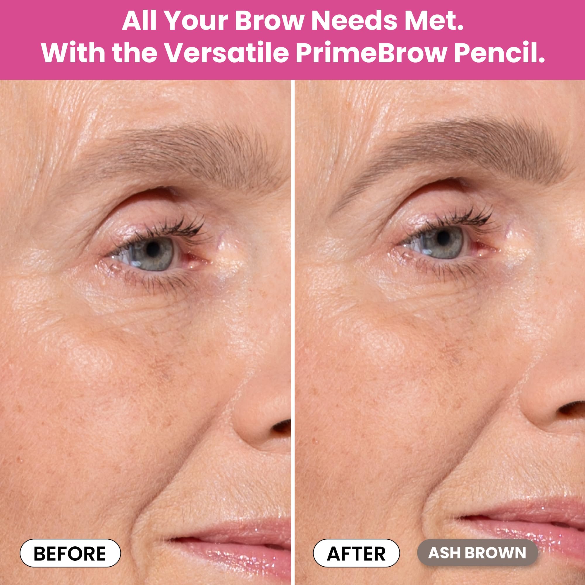 Prime Prometics PrimeBrow Pencil long-wear swatches show lasting color on mature brows.