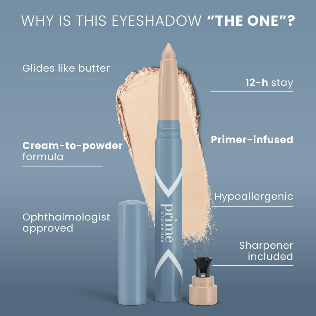 PrimePrometics PrimeEyes crease-free application demonstrates smooth blend on sensitive lids.