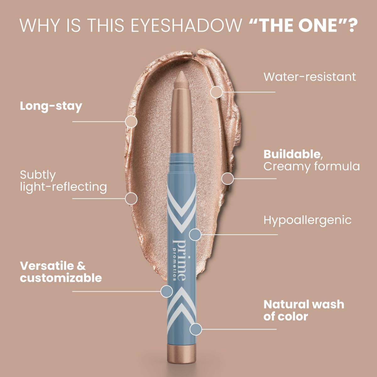PrimePrometics PrimeEyes creamy-glide swatch demonstrates smooth, beginner-friendly application.
