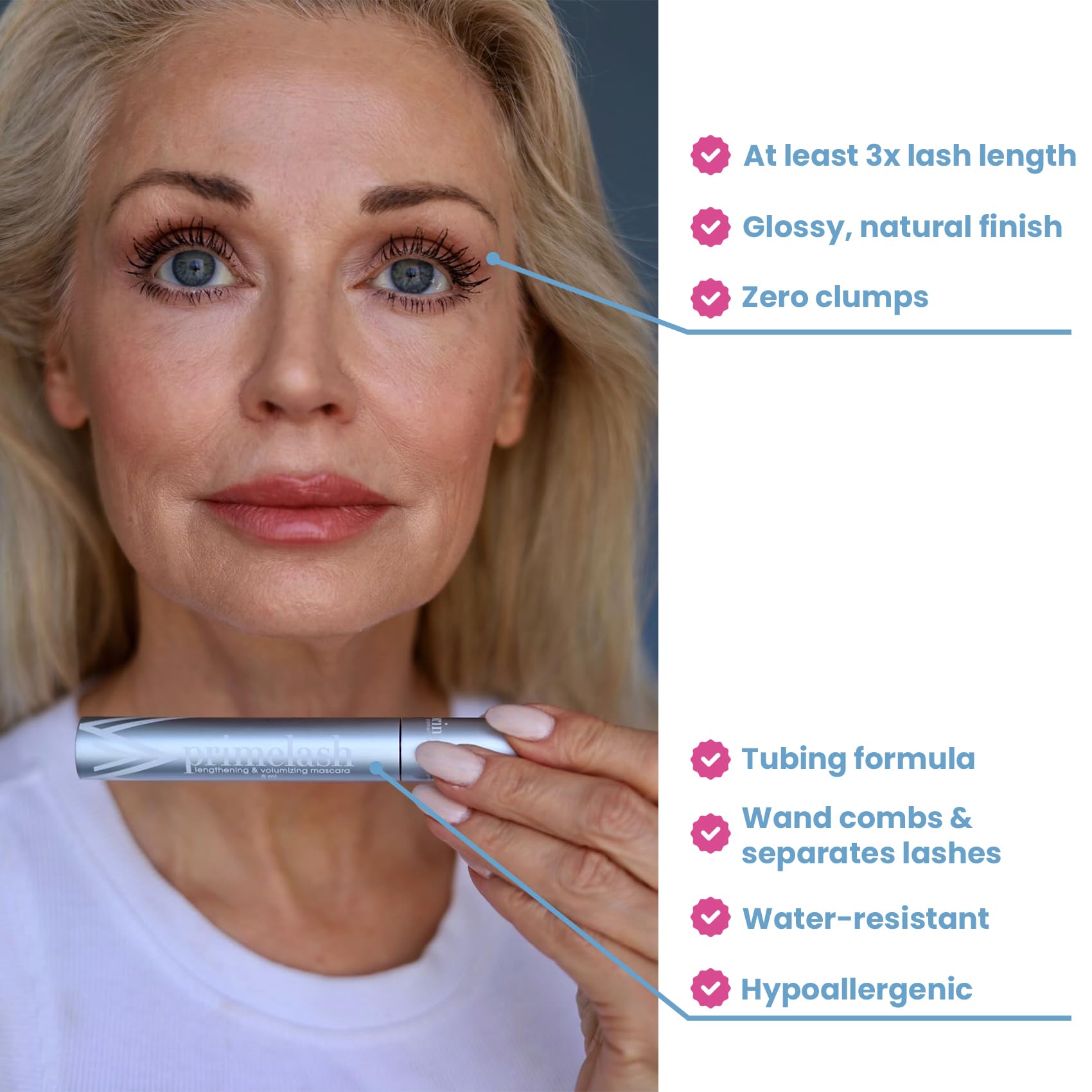 Prime Prometics PrimeLash wand close-up demonstrates precise combing action.