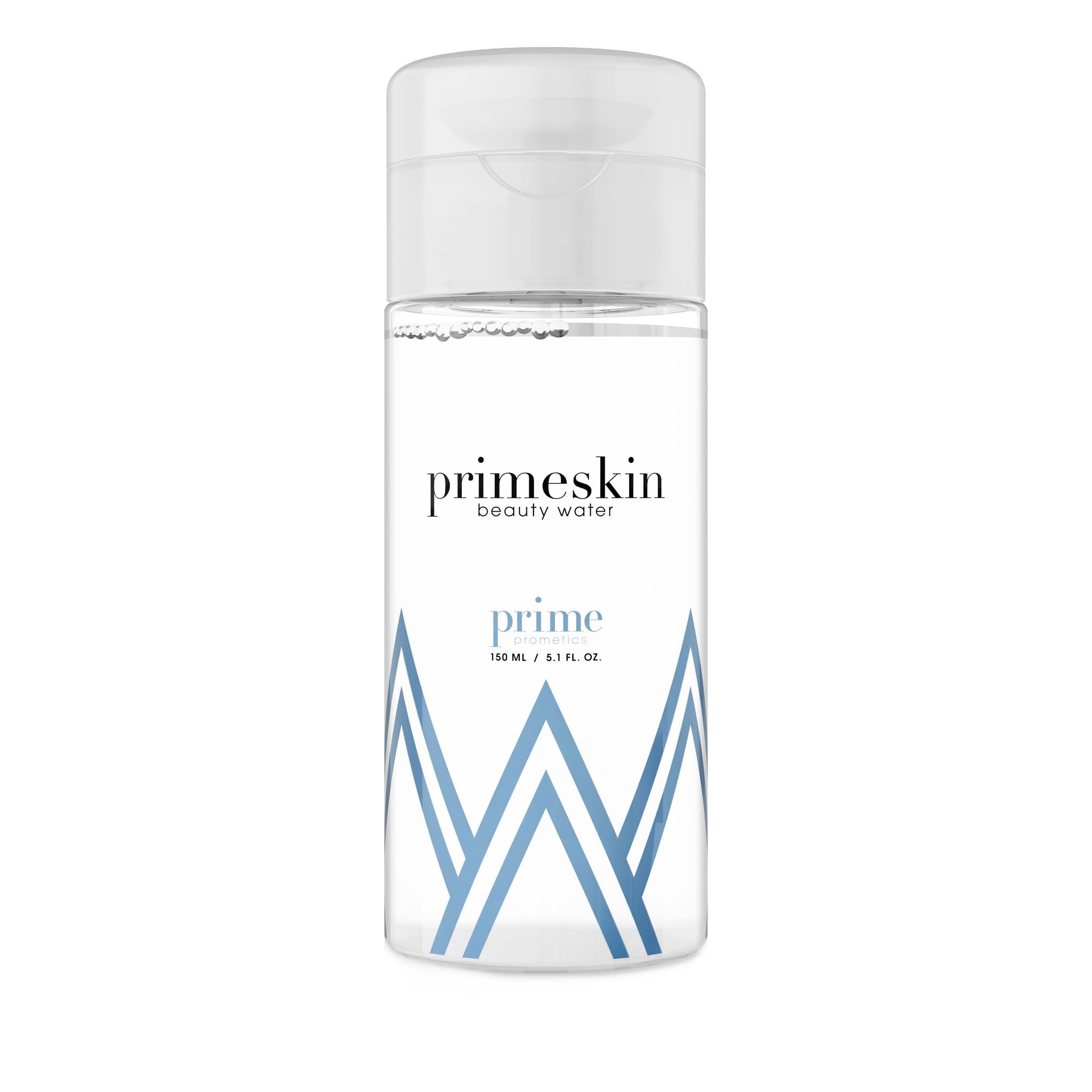 PrimePrometics PrimeSkin Beauty Water bottle closeup showing hydrating makeup-removal formula.