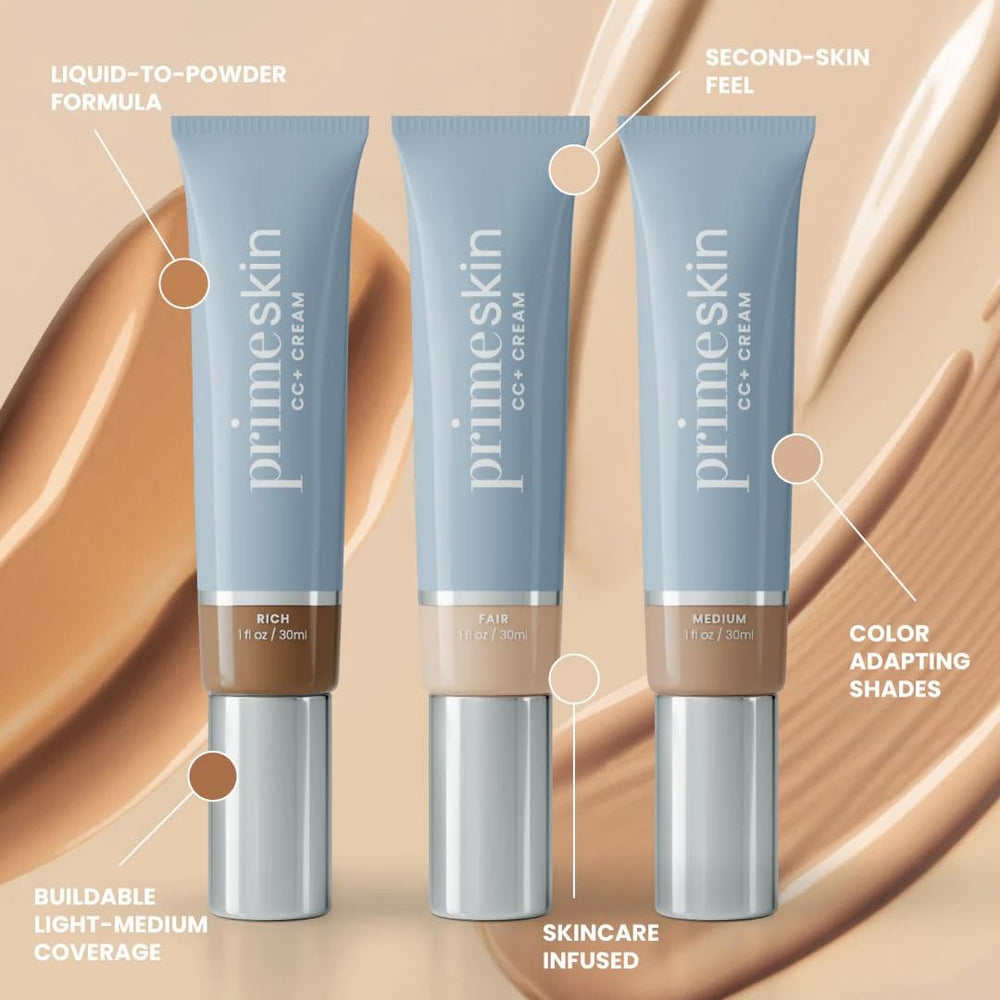 PrimePrometics PrimeSkin CC+ Cream finished on skin with a soft-matte glow.