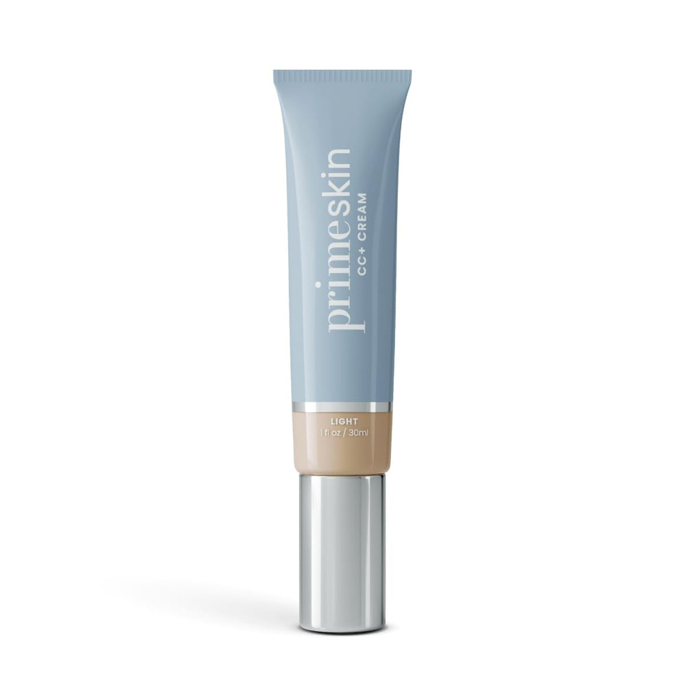 PrimePrometics PrimeSkin CC+ Cream tube closeup showing pore-blurred, even-toned look.
