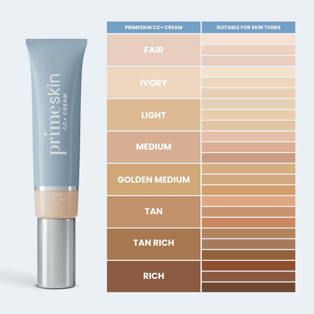 Prime Prometics PrimeSkin CC+ Cream swatches demonstrate blendable shade adaption for mature skin