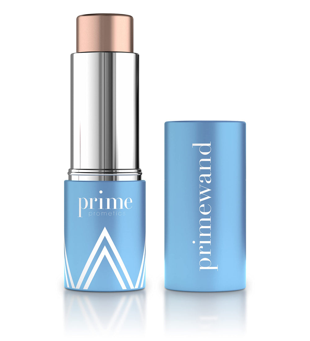 Prime Prometics PrimeWand Pearl glow-application highlights cheeks with buildable radiance.