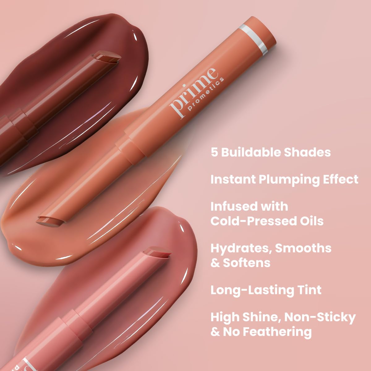 PrimePrometics PrimeLip application swipe demonstrates non-sticky hydration.