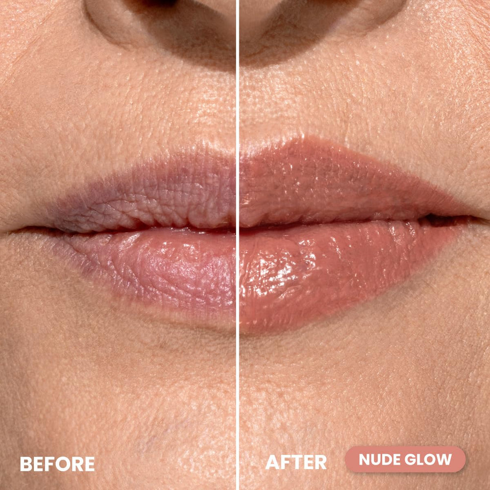 PrimePrometics PrimeLip nude glow shade swatch with subtle gloss.