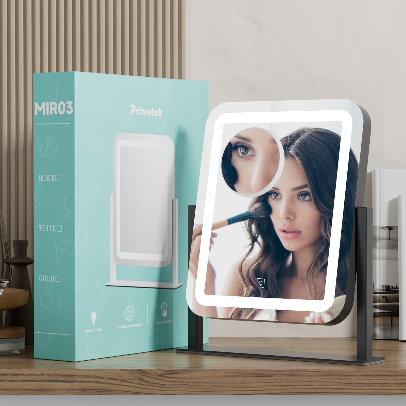 PRIMETEK desk-tabletop vanity mirror fits on a vanity or dresser for daily routines.