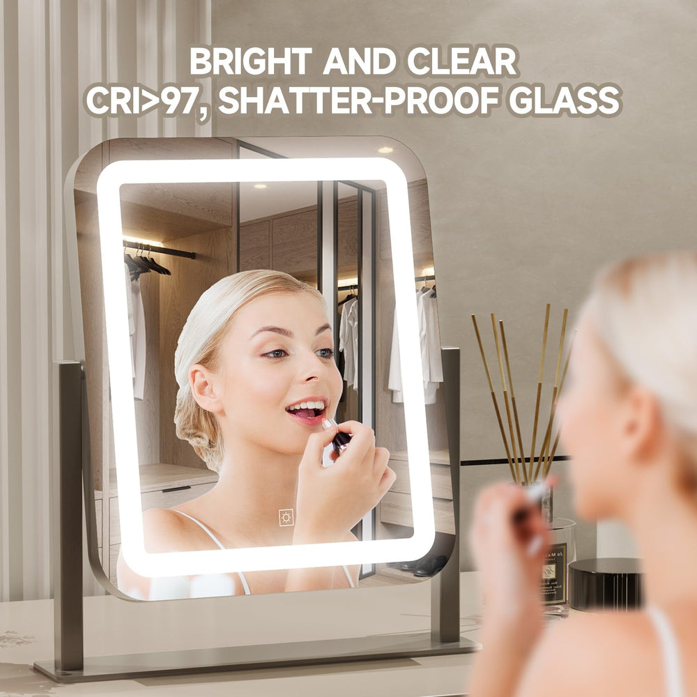 PRIMETEK LED makeup mirror with 3-color brightness helps adapt to day or evening looks.