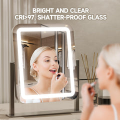 PRIMETEK LED makeup mirror with 3-color brightness helps adapt to day or evening looks.