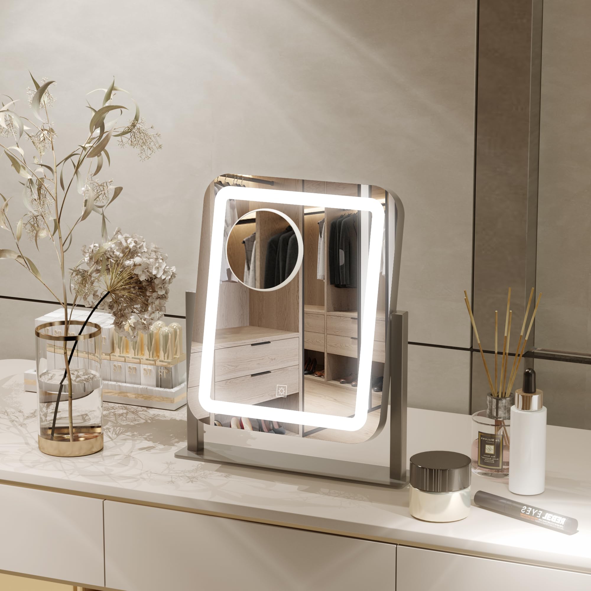 PRIMETEK vanity mirror with a rounded design adds elegant style to your space.