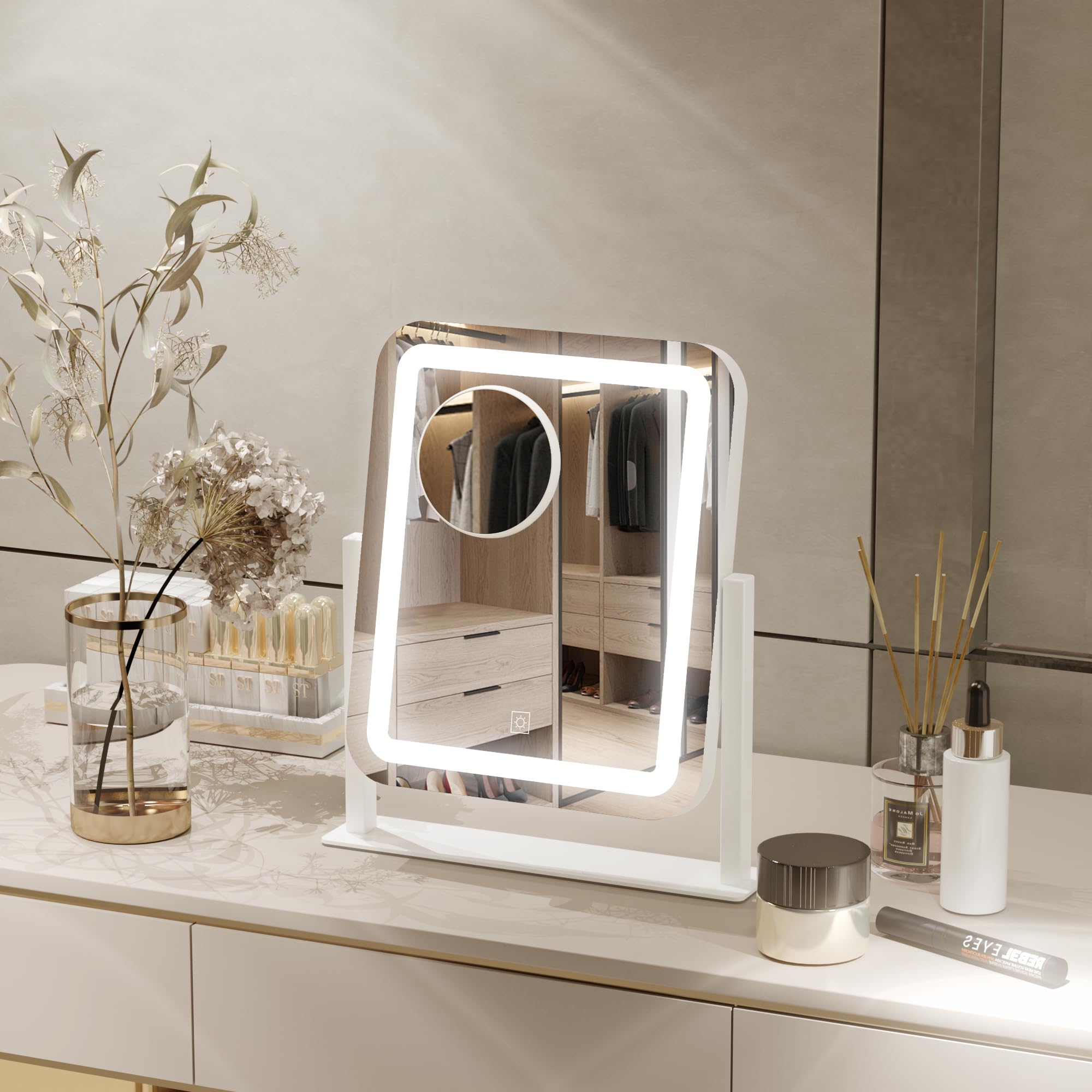 PRIMETEK vanity mirror 360-degree rotation enables flexible viewing angles.