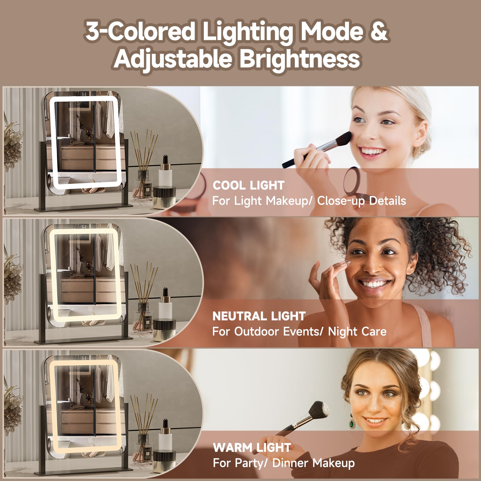 PRIMETEK vanity mirror features 360-degree rotation for flexible grooming angles.