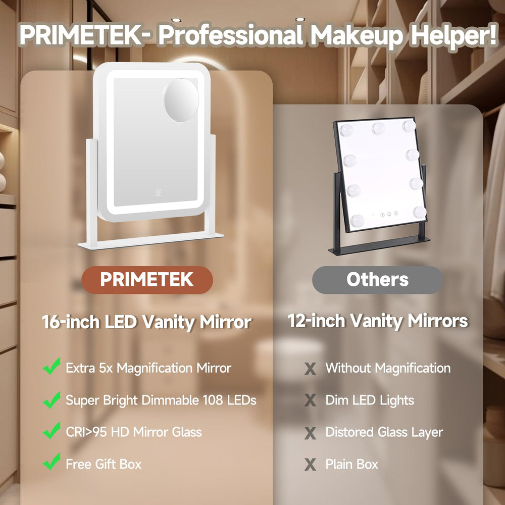 PRIMETEK vanity mirror aluminum frame closeup emphasizes durable construction.