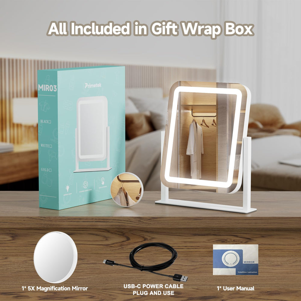 PRIMETEK vanity mirror brightness adjustment highlights customizable skincare prep lighting.