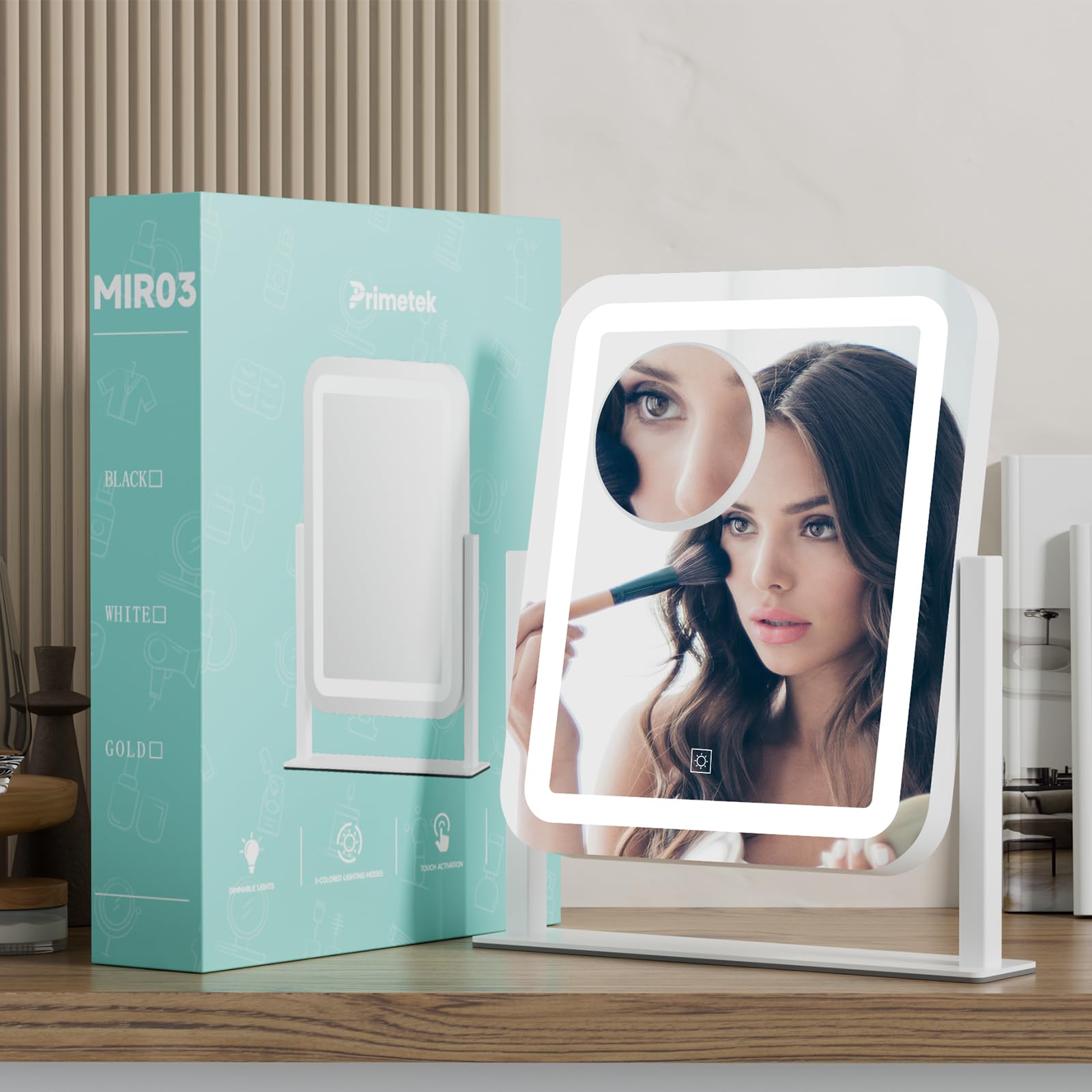 PRIMETEK vanity mirror on dresser setup ideal for daily grooming.