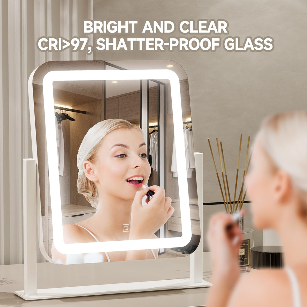 PRIMETEK vanity mirror lit desk setup showing clear even illumination.